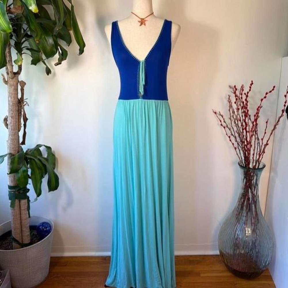 Emerald USA Teal Blue Mermaidcore Boho Drop Waist Maxi Dress Small